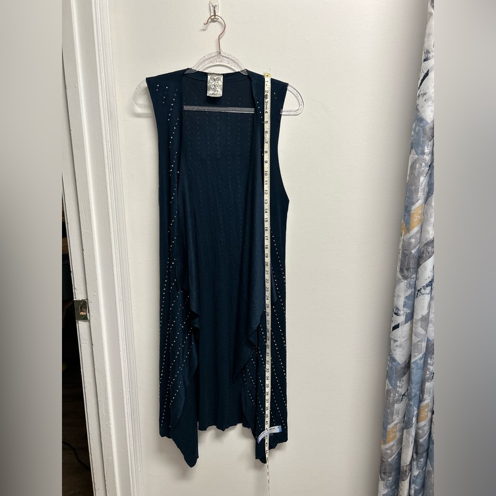 Vocal Navy Faux Suede Sleeveless Duster Vest with Rhinestone Studs - Picture 3 of 9